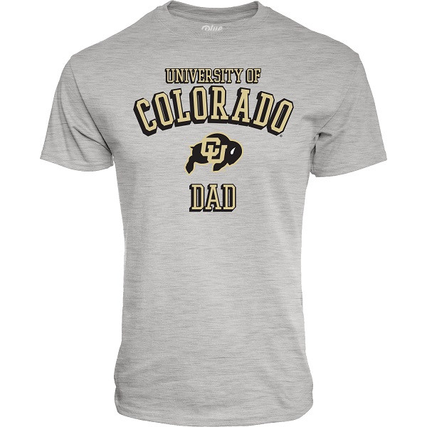 A grey short sleeve T-shirt, proudly displaying "University of Colorado Dad" with a CU Buffalo logo.